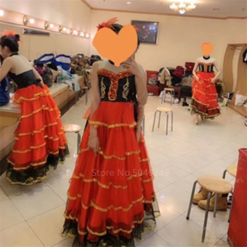 

Women Flamenco Dress Gypsy Girls Dancing Costume Spanish Bullfight Lace Big Swing Flower Dress Satin Belly Stage Performance