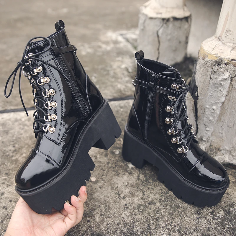 

Women Gothic Ankle Boots Zip Punk Style Platform Shoes Goth Winter Lace-up Booties Chunky Heel Sexy Chain 2021 Dropshipping