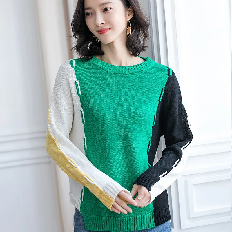 Fashion Autumn Winter Women Knitted O Neck 2 Patchwork Sweater Office Lady Loose Size S-xl Pullover Jl-aym1938 | Женская одежда