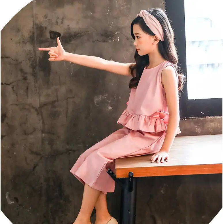 Комплект для девочек подростков Однотонная футболка с оборками и брюки широкими