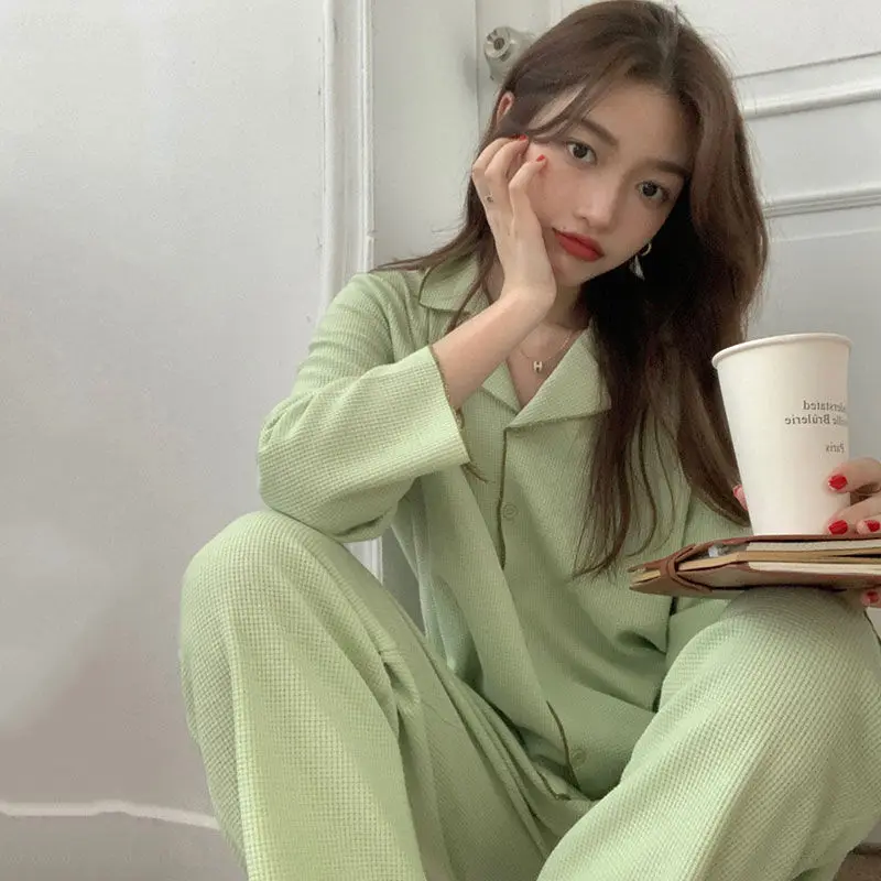 QWEEK Pijamas Women Apricot Green Pink Long Sleeve Trousers Plaid Pajamas Spring Autumn Sleepwear Kawaii Home Clothes Pyjamas