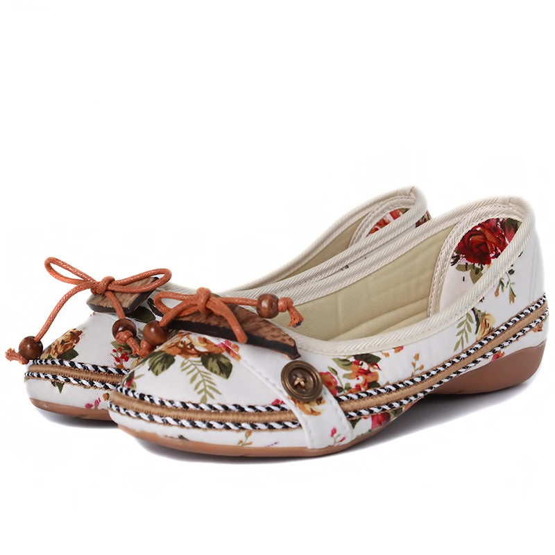 

FANAN Round Toe Flat Shoes High Quality Cute Sen Women Shoes National Wind Shallow Mouth Floral Flower Comfortable Soft Bottom