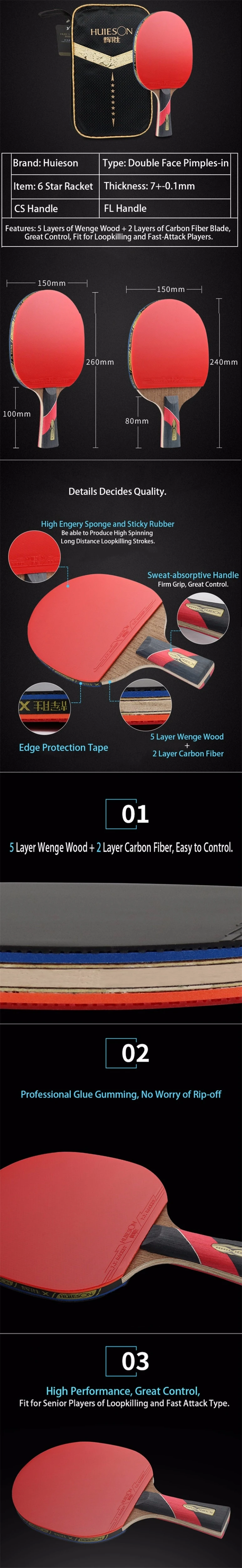 Huieson 6 Star Table Tennis Racket Wenge Wood& Carbon Fiber Blade Sticky Pimples-in Rubber Super Powerful Ping Pong Racket Bat