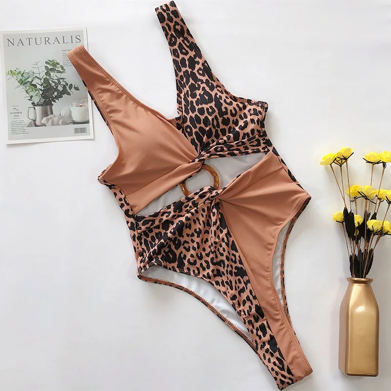 INGAGA Leopard Cut Out Swimsuit One Piece Splice High Cut Bodysuit Sexy Push Up Swimwear Women New Brazilian Bathing Suit