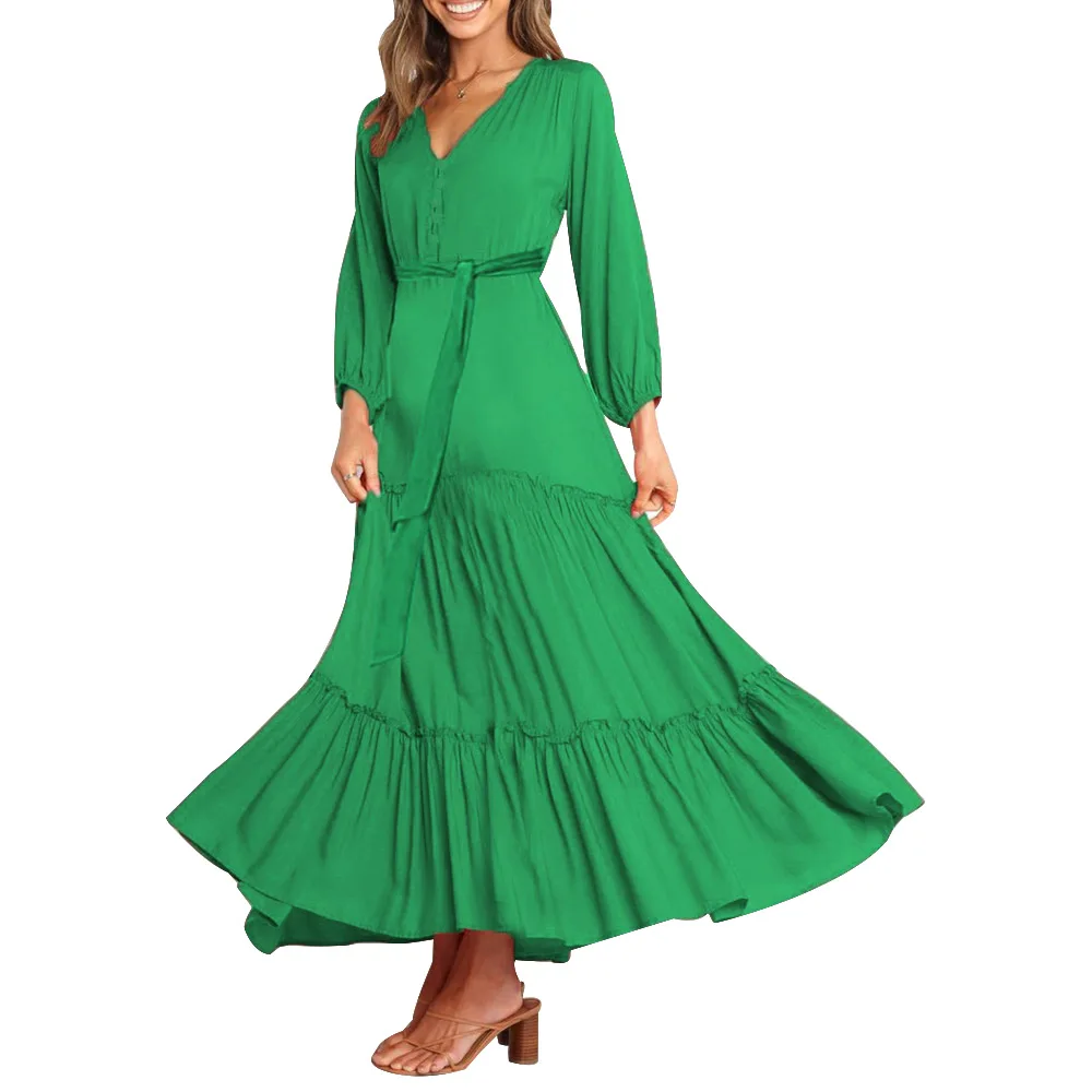 

Elegant Women Ruffle Patchwork Solid A-Line Dresses Ladies Female Vestidos Sexy V-Neck Button Long Sleeve Lace Up Midi Dress