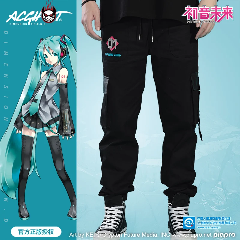 Moeyu Anime Pants Vocaloid Miku Men Pants Multi Pocket Sweatpants Black Trouser Male ClothingCasual Streetwear Cosplay Costume