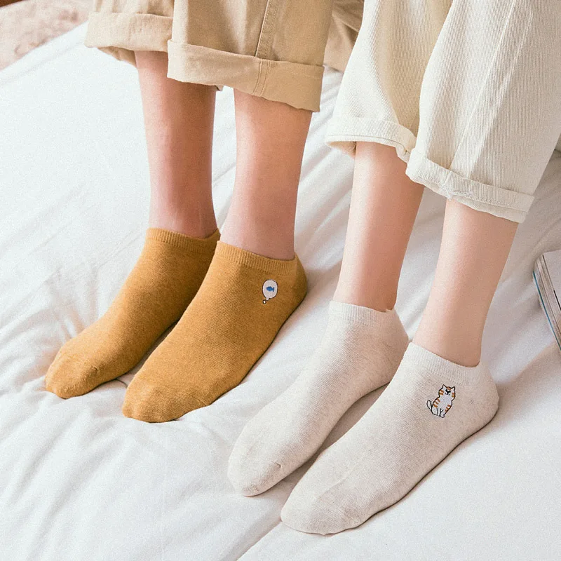 

Clearance Sale Cartoon Embroidery Cute Socks Women Cotton Casual Breathable Summer Ankle Boat Socks Girls Kawaii Short Socks