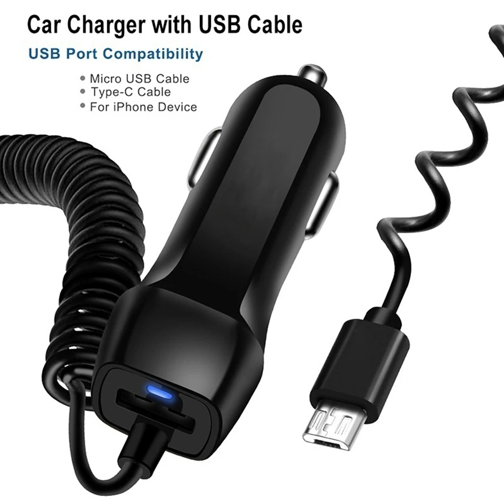 

USB Car Charger With Spring USB Cable Cigarette Lighter For Samsung for Xiaomi Lighting Cable Micro USB Car Charger Type C Cable