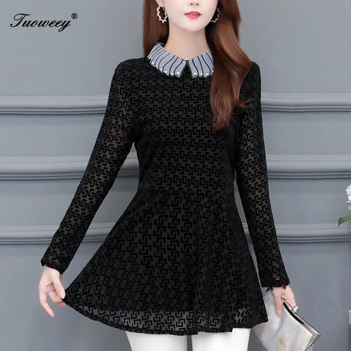 

New Arrival Fashion autumn long sleeve patchwork casual Shirt Female Casual see through Plus Size elegant 4XL black Blouse