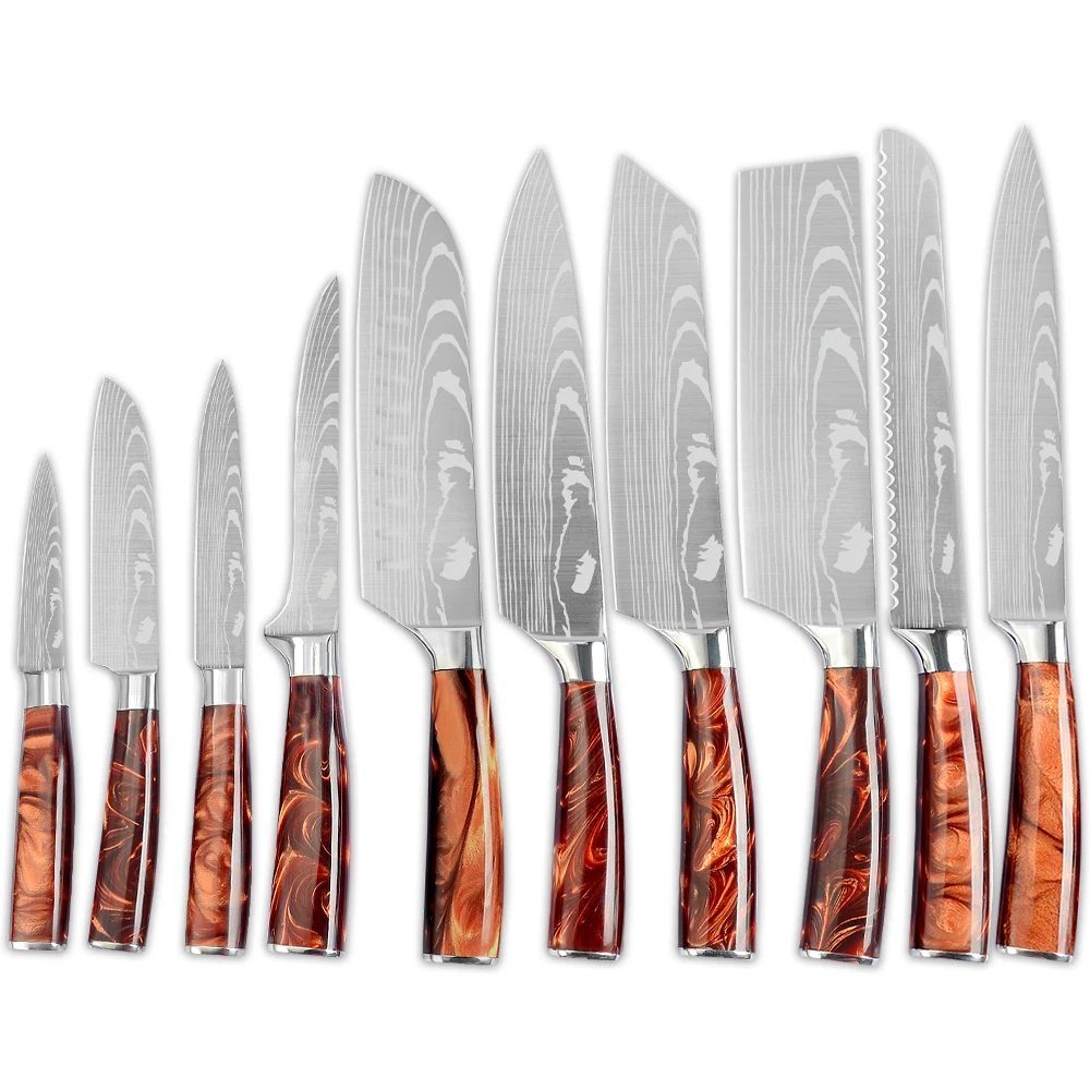 

XYj Stainless Steel 10pcs Knife Set Japanese Chef Kitchen Knives Vein Damascus Pattern Cooking Slicing Boning Paring Fruit Knife