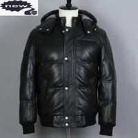 mens genuine jacket sheepskin thick short hooded winter casual real leather down coat men
