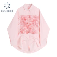 cherry blossoms printed romantic long sleeve pink shirt women drawstring design lapel loose causal blouse female autumn 2021 new