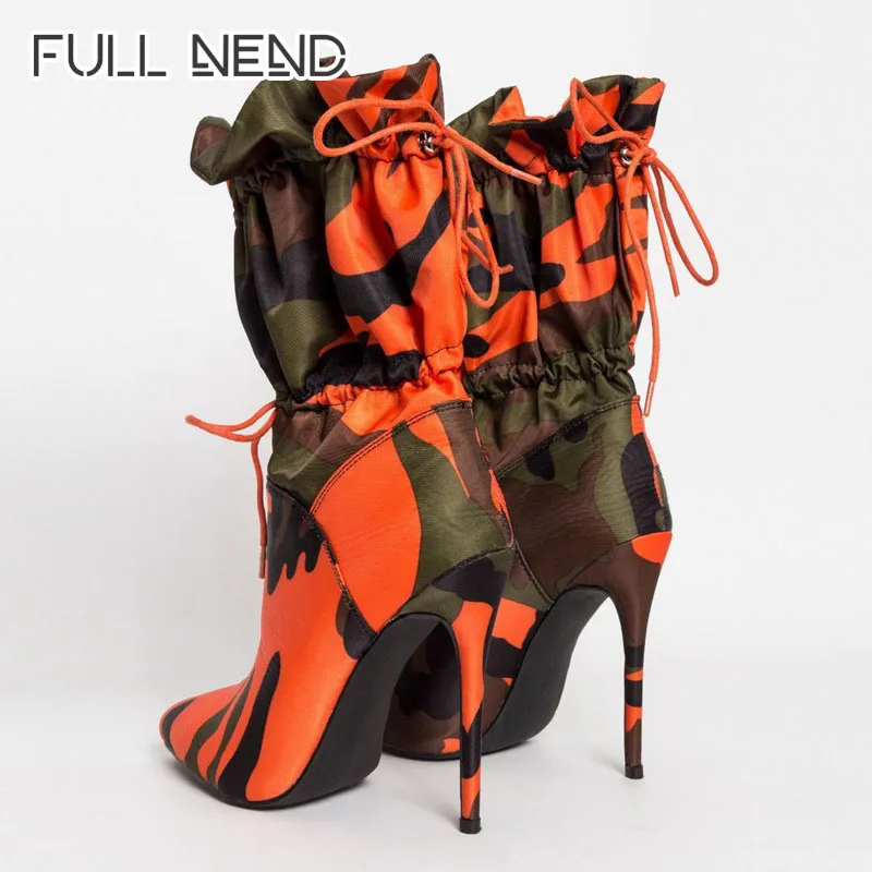 

Camouflage Heels Elastic Band Boots Women Stretch Fabric Elastic Stilettos Heel Pointed Toe Ankle Fashion Shoes Woman Mid Boots