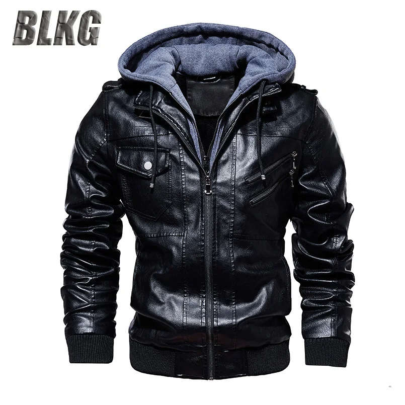 Мужская кожаная куртка с капюшоном BLKG толстая теплая зимняя из искусственной