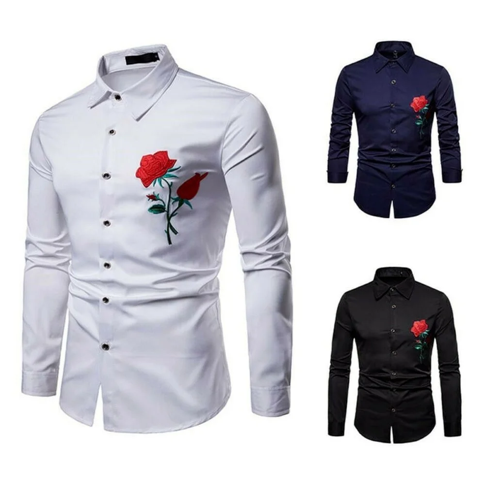 

Men's Rose Embroidery Slim Fit Tops Lapel Collar Long Sleeve Button Down Shirt