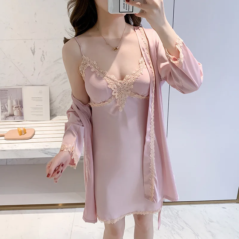 

FZSLCYIYI Summer Embroidery Applique Lace Trim Satin Women Sleepwear Robe Nightdress 2PCS Brides Bridesmaid Wedding Robe Gown