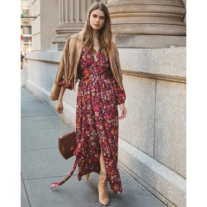 2021 Autumn and Winter Fashion New Women's Vestidos Bohemian Style V-Neck Lacing Long-Sleeved Printing Small Fresh Dress Y2k