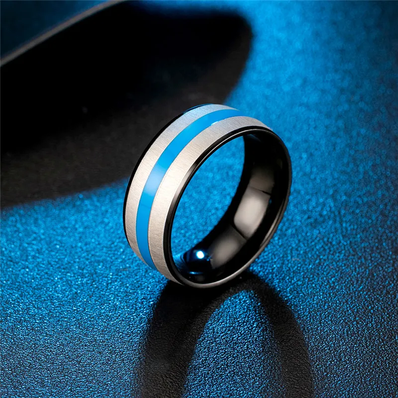 

Fashion Titanium Steel inner and outer Arc Tricolor Blue Band Rings for Women Men New Steampunk Men's Drops Jewelry Free Shiping