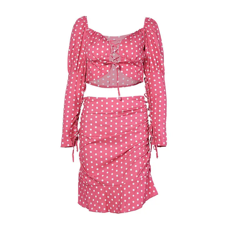 

Dot Short Sexy Fashion Shirring Full Puff Sleeve Skirt Set For Women 2021 New Holow Out Square Collar Slim Belt Suit