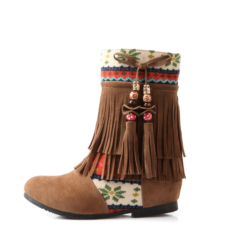 

New Autumn Winter Women Boots PU Ethnic Tassels Inner Heightening Color Matching Beaded Martin Ankle Boots Classic Women's Shoes