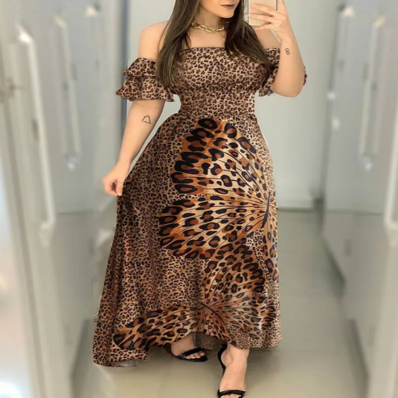 

Women Elegant Off Shoulder Printed Dress Sexy One Word Collar Vintage Leopard Butterfly Pattern High Waist Maxi Dress