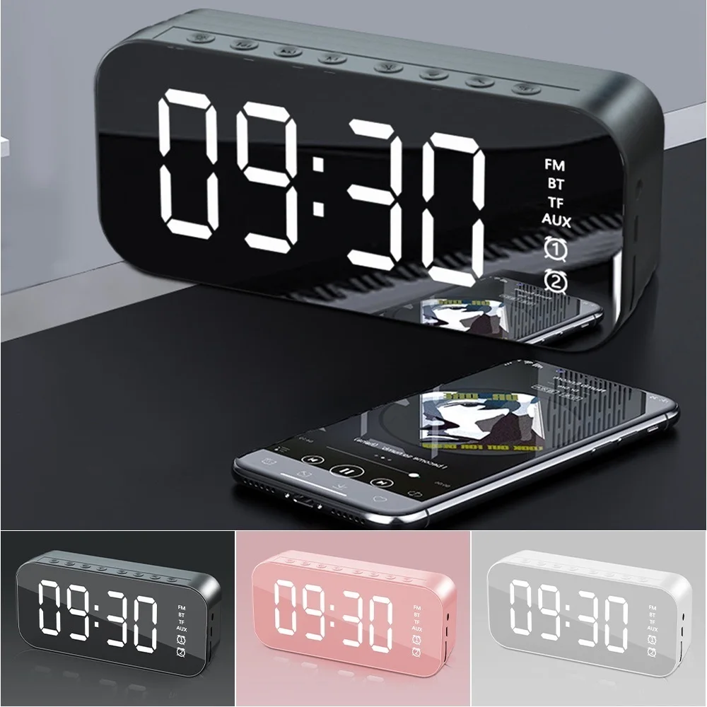 

Mirror/Wooden Alarm Clock Bluetooth Speaker Wireless LED USB Subwoofer Music Player Desktop Clock