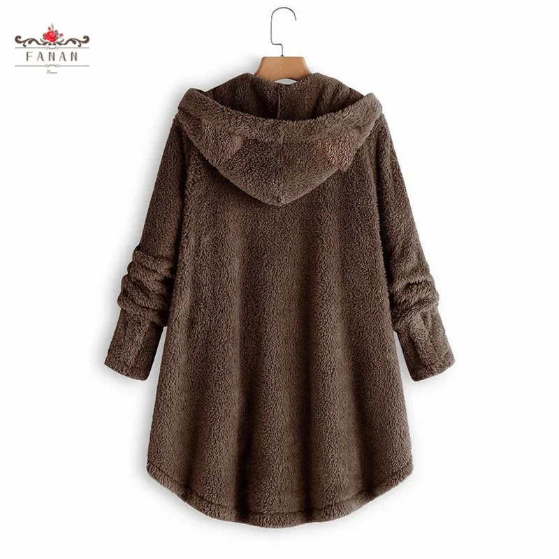 

Women Plush Long Hoodies Fluffy Warm Cat Ear Hooded Coat Winter Thick Plus Size Loose Hoodie Outwear Buttons Solid Color Coats