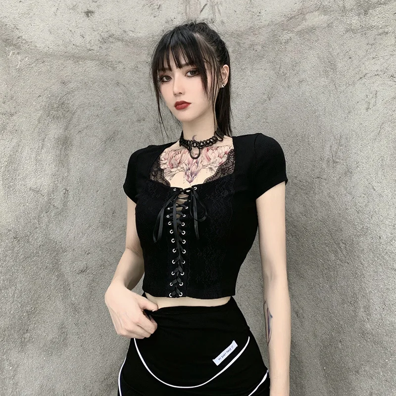 

Black Goth Women Short T-shirt 2020 Summer Lady Tight Lace Hollow Out Lacing Drawstring Tshirt Cool Top Hipster Basic Sexy Solid