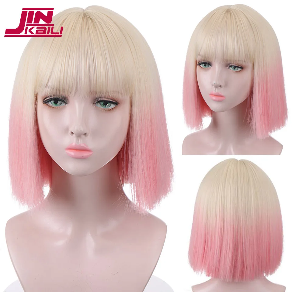 

JINKAILI женский короткий прямой парик Боб с челкой Аниме Косплей Розовый Фиолетовый парик термостойкий синтетический парик Лолита