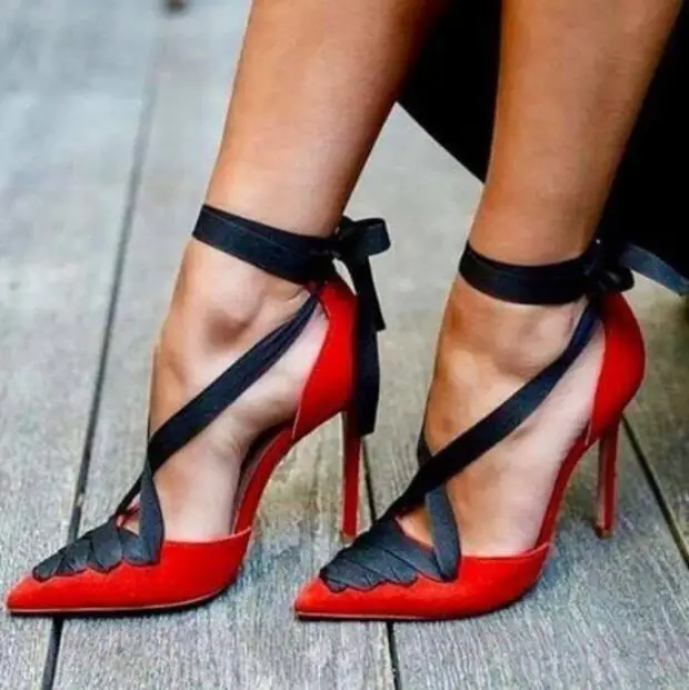 

Black Ribbon Red Suede High Heel Shoes Lace-up Stiletto Heel Pointed Toe Cross Strappy Dress Shoes Mixed Patchwork Wedding Shoes