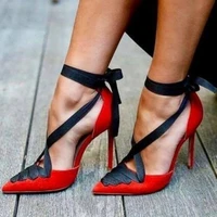black ribbon red suede high heel shoes lace up stiletto heel pointed toe cross strappy dress shoes mixed patchwork wedding shoes