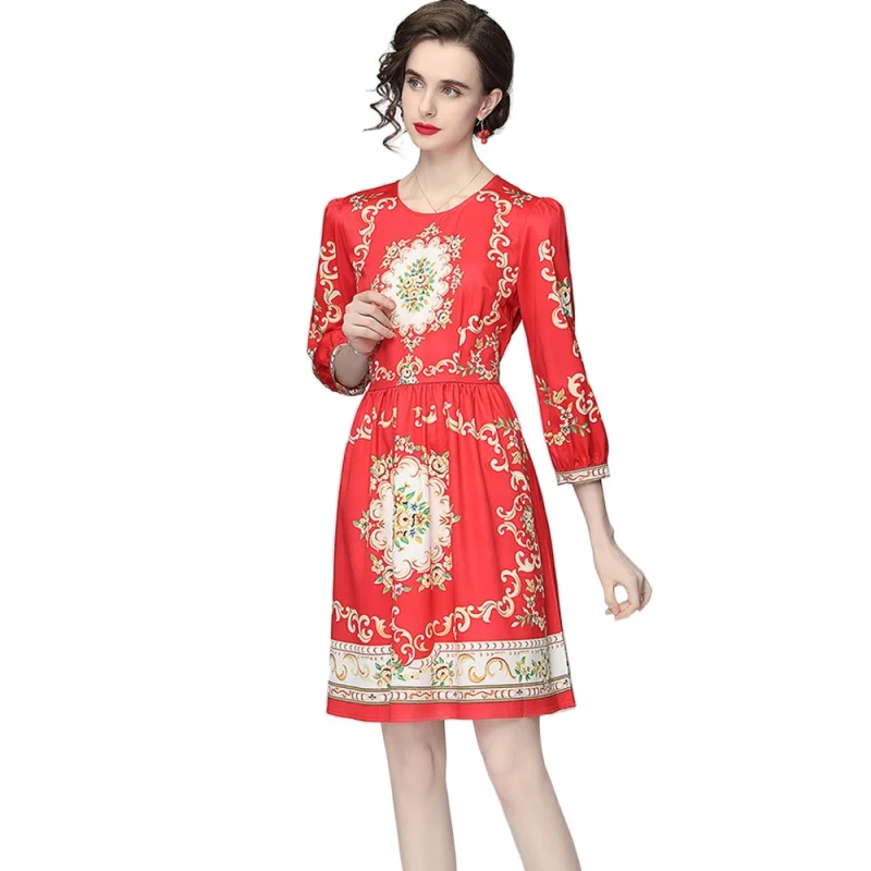 

Simgent Vintage Dress Summer Women Back Bow One Neck Ruched Three Quarter Sleeve Elegant Dresses 2021 New Fashion SG1482