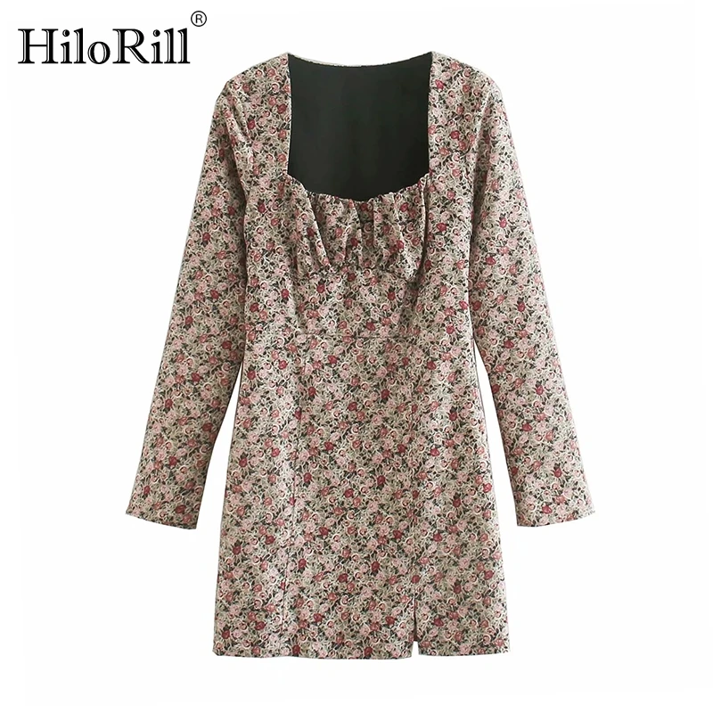 

HiloRill Women Retro Floral Print Mini Dress Square Collar A Line Sexy Party Dress Female Long Sleeve Chic Dresses Robe Femme