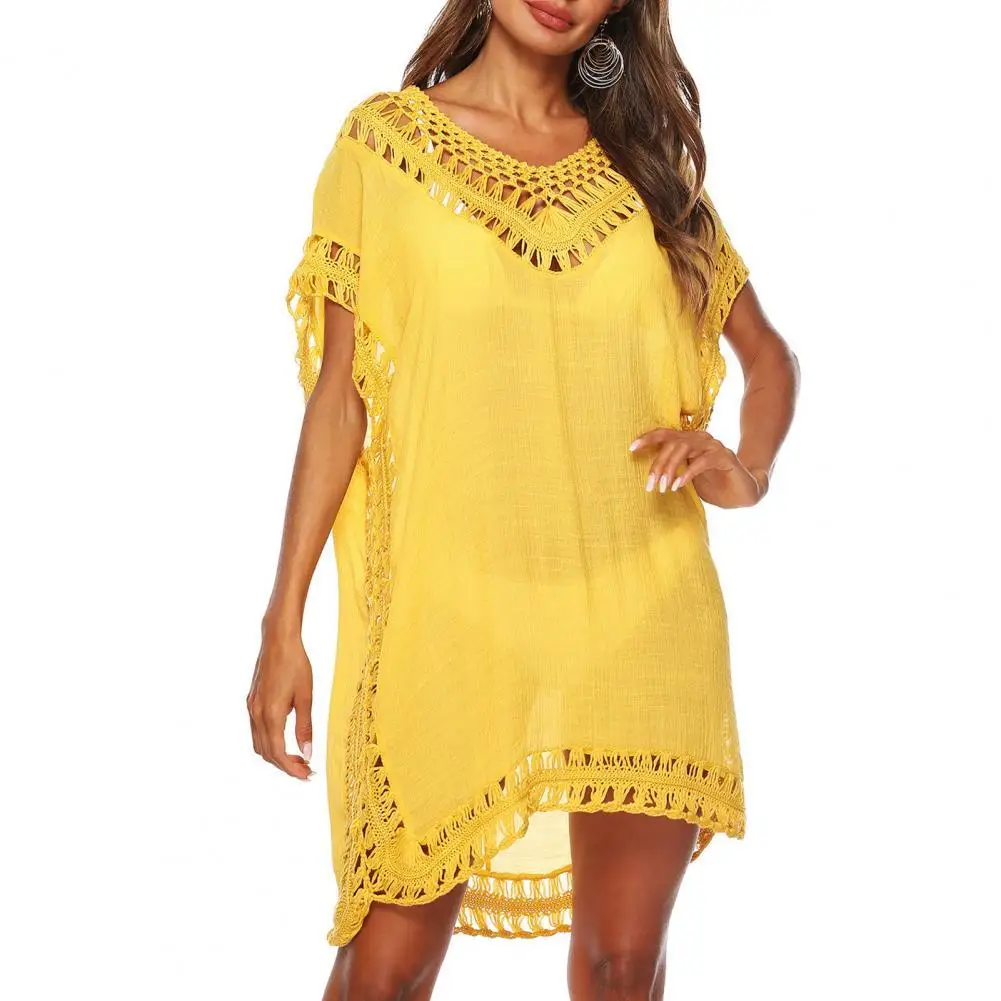 

Cover-Ups Women Loose Sexy Bikini Cover Up Women Bat Short Sleeve Hollow Out V Neck Cover Up Dress Women for Beach robe