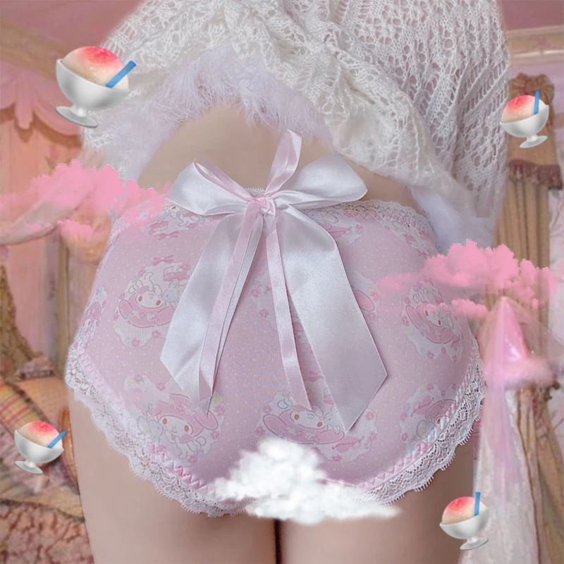 

Japanese Lolita Girls'Big Bow Panties Milk Silk Lace Trim Mid-Waist Briefs Boyshort Sweet Girl Sexy Low-waist Triangle Shorts