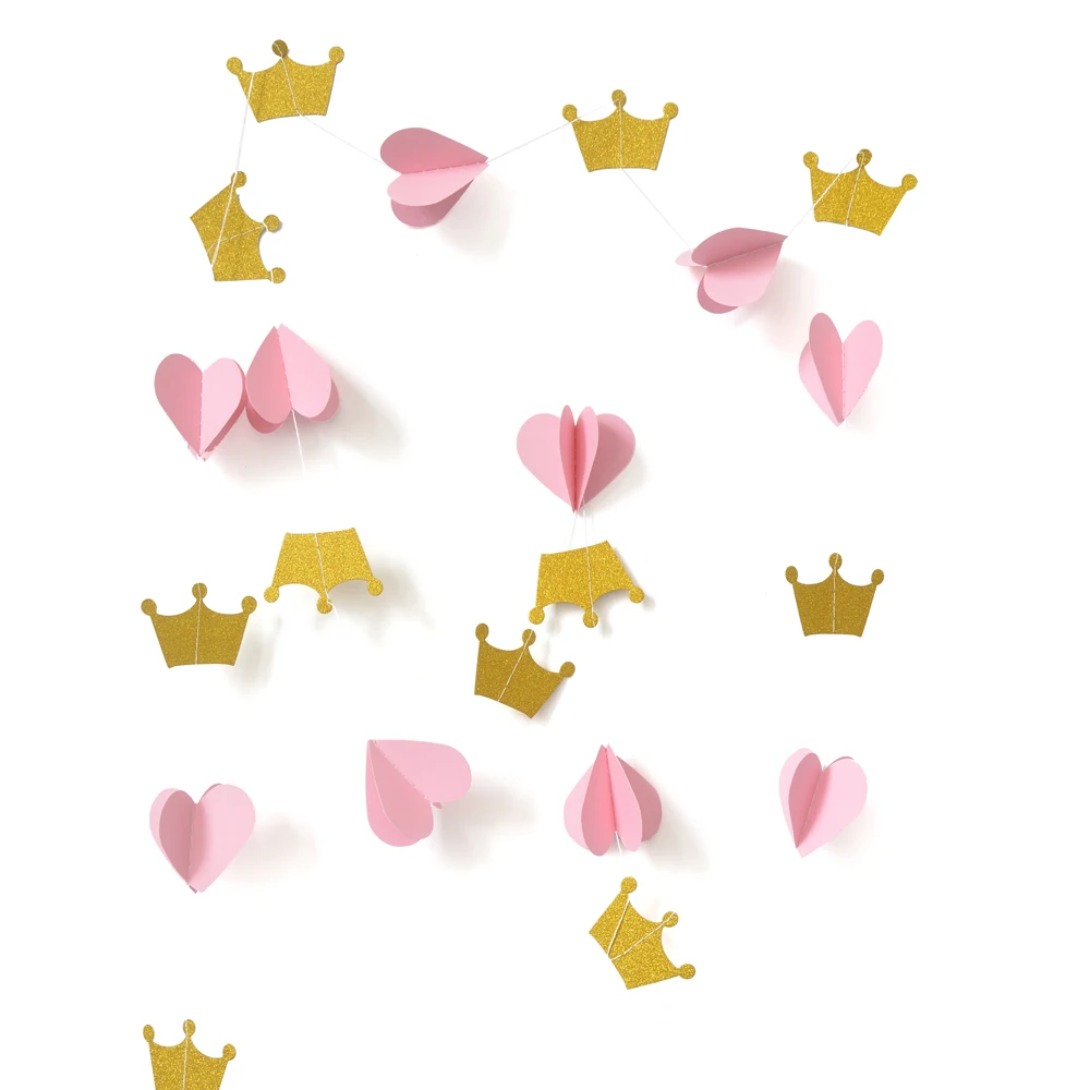 3D золотая розовая Корона из бумаги в виде сердца гирлянда принцессы с днем
