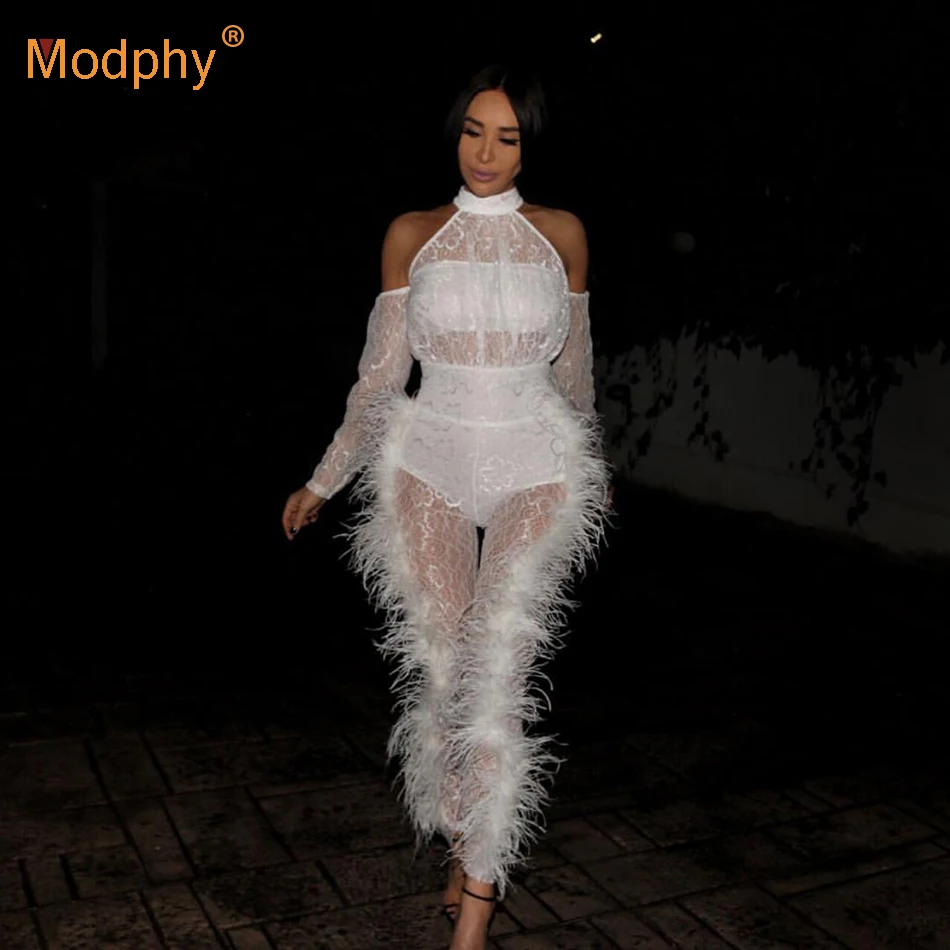 Белый кружевной комбинезон с перьями Дамский Сексуальный Облегающий без