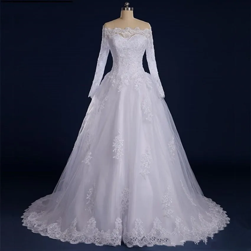 Реальное женское свадебное платье с кружевной аппликацией и открытыми плечами