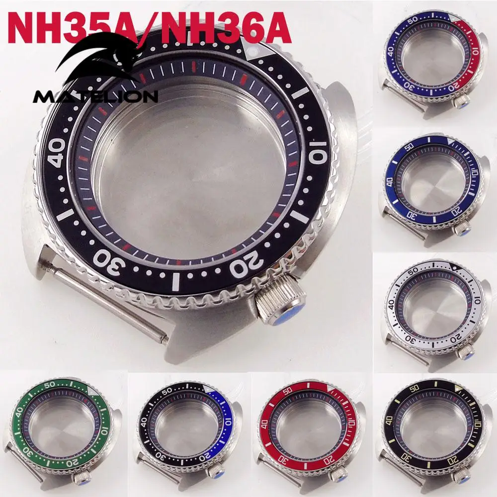 

45mm Sapphire Watch Case For NH35 NH36 Movement Black Chapter Ring Rotating Bezel Aluminum Insert Brushed Case Screw In Crown