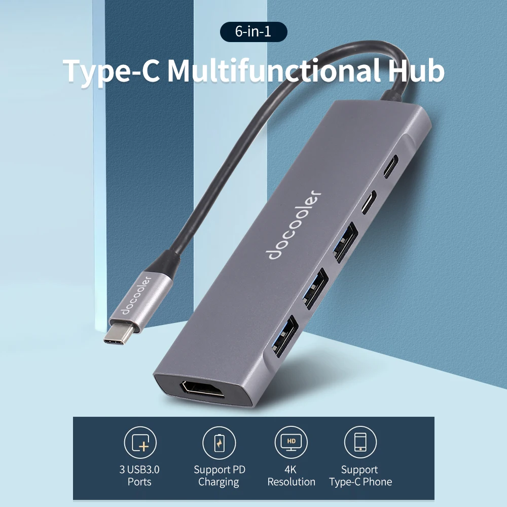 

docooler 6-in-1 Multifunctional Type-C Aluminum Alloy Hub Type-C to Type-C USB3.0 Converter Adapter Support PD Charging