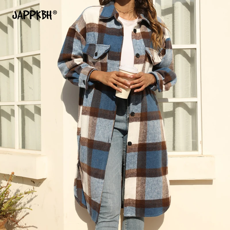 

Autumn Plaid Woolen Coat Women 2021 Casual Single-breasted Loose Long Shirt Jackets Female Retro British Warm Wool Trench Coat