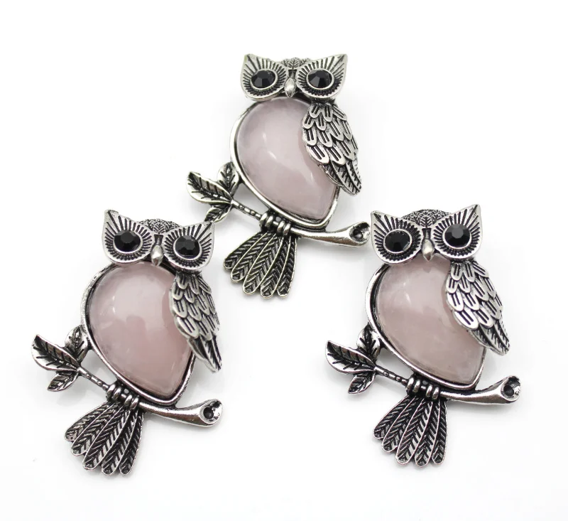 

12pcs Vintage Silver Plated Owl Natural tiger eye Turquoises crystal Natural Stone brooch For Women Charms Jewelry Free shipping