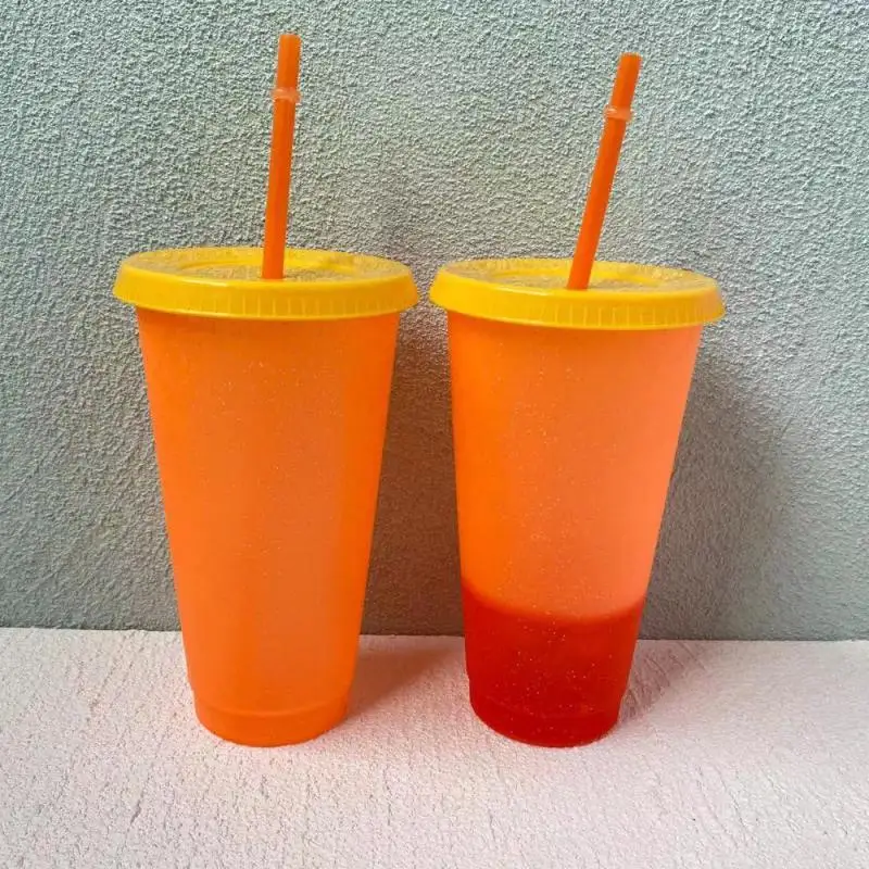 

700ml Coffee Cup With Lid &Straw Reusable Flash Powder Shiny Plastic Water Bottle Summer Cold Drink Tumbler Matte Finish Mug