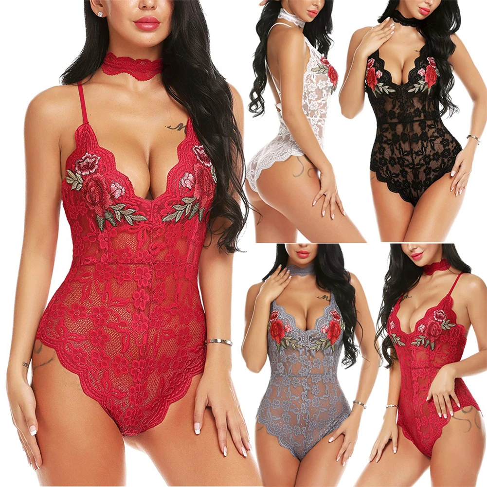 

Women Sexy Solid Lace Embroidery Skinny Lady Lingerie Lace Dress Bodysuits Underwear Nightwear Sleepwear Bodysuit Summer Beach