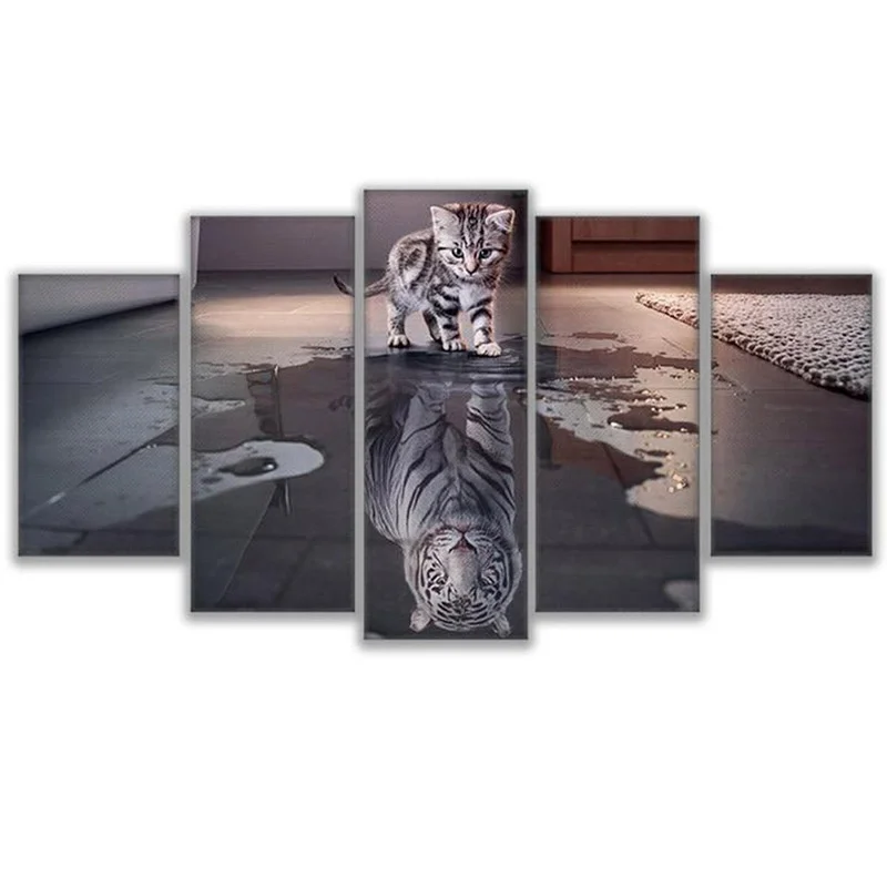 

5 Pieces Nordic Modern Style Contracted Cute Kitty Mapping Tiger Posters Art Canvas Pictures For Living Room Decor Unframed