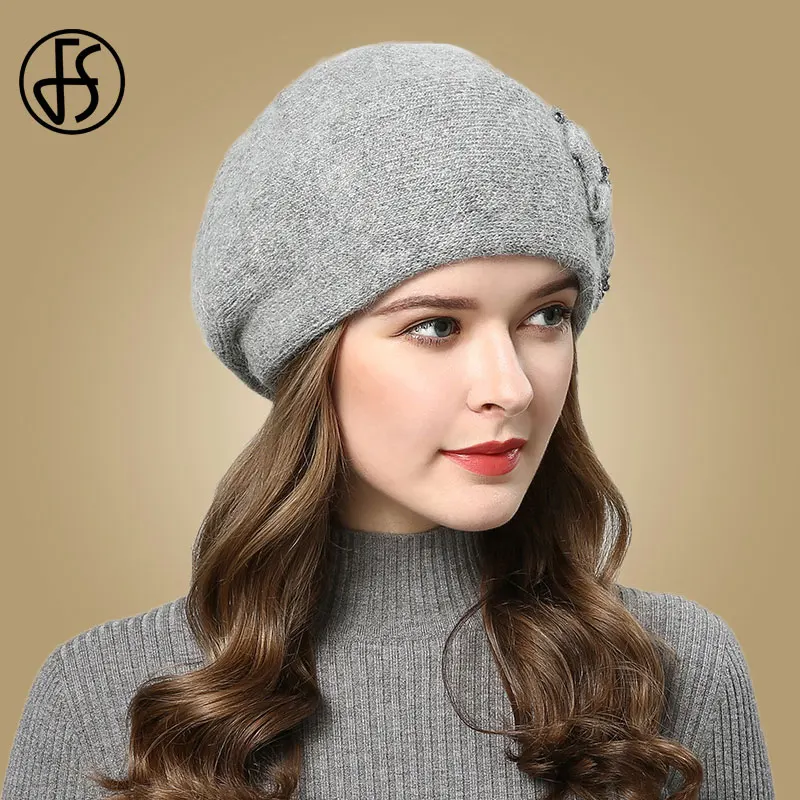 FS зимние розовые шапки берет для женщин со стразами и кроличьими цветами женские