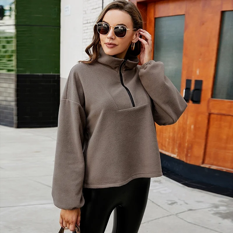 Solid Colors Polar Fleece Sweatshirts Women Stand Collar Loose Casual Pullovers Autumn Winter Warm Leisure Loose Commute Tops
