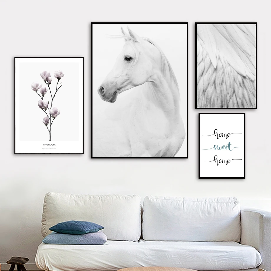 Лошадь Магнолия перо дома сладкий настенный Арт холст живопись скандинавские