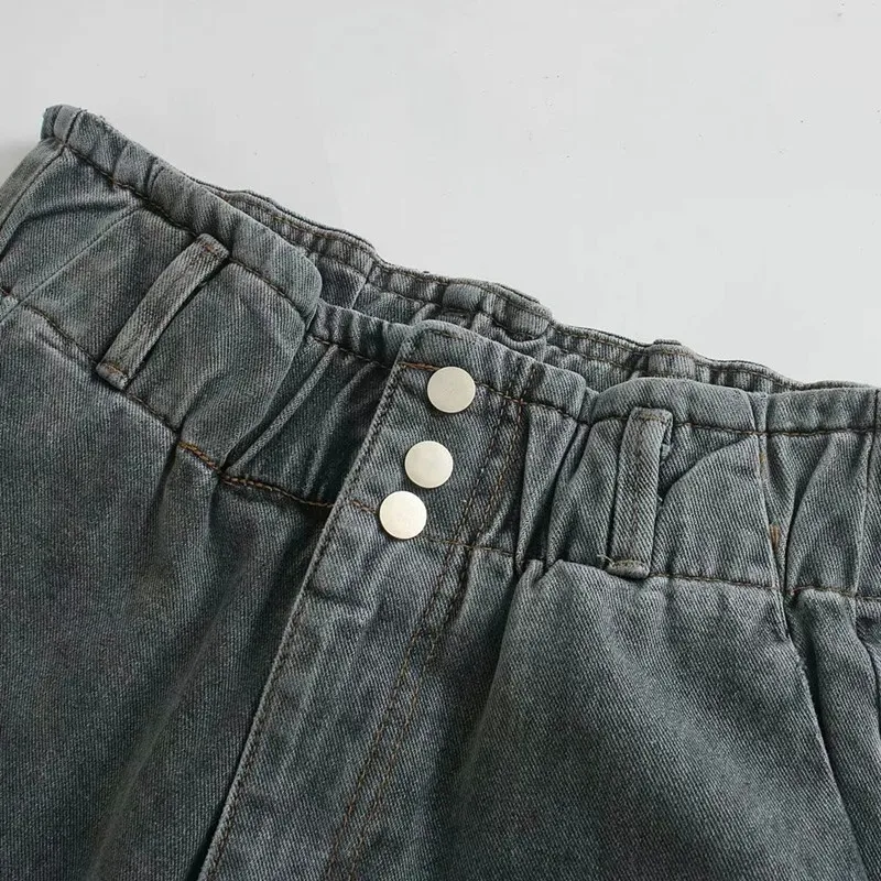 

Za 2021 Fall Grey High Waist Women Jeans Oversize Winter Vintage Triple Metal Button Long Woman Trouser Casual Female Pants