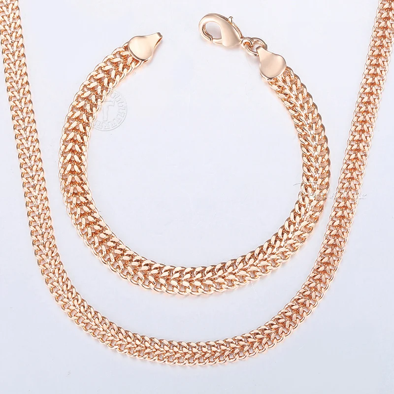 Davieslee Jewelry Sets For Women Men 585 Rose Gold Color Bracelet Necklace Set Double Cuban Weaving Bismark Chain Jewelry LCS04